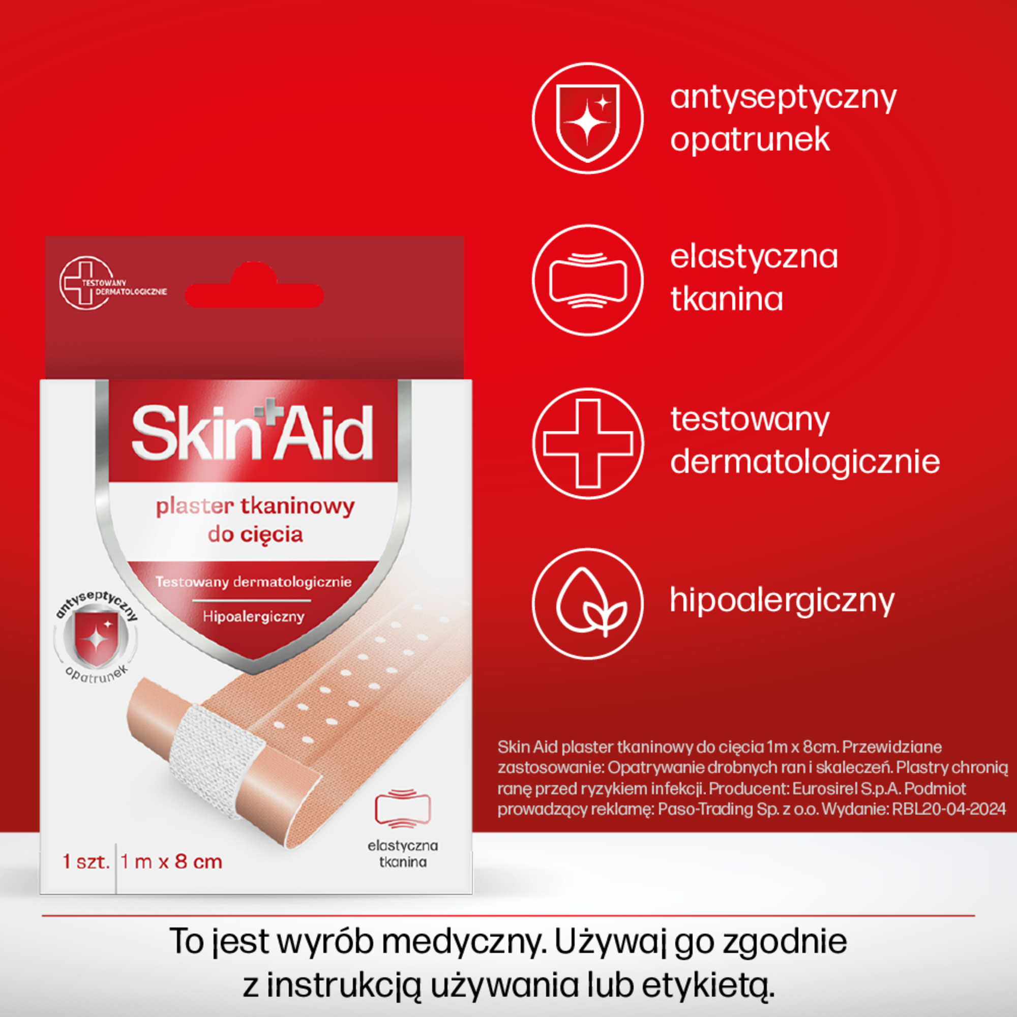 Skin Aid, plaster tkaninowy do cięcia, 1 m x 8 cm, 1 sztuka