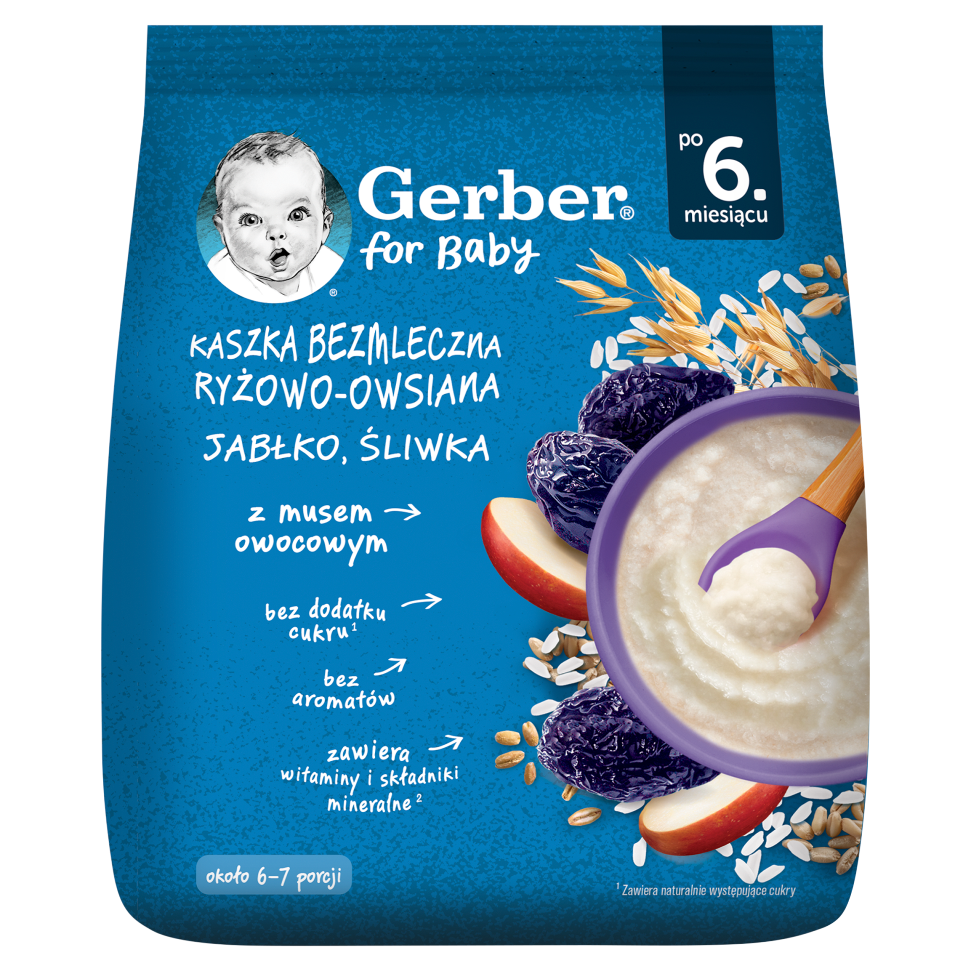 Gerber Kaszka bezmleczna ryżowo-owsiana jabłko śliwka po 6. miesiącu, 160 g zdjęcie
