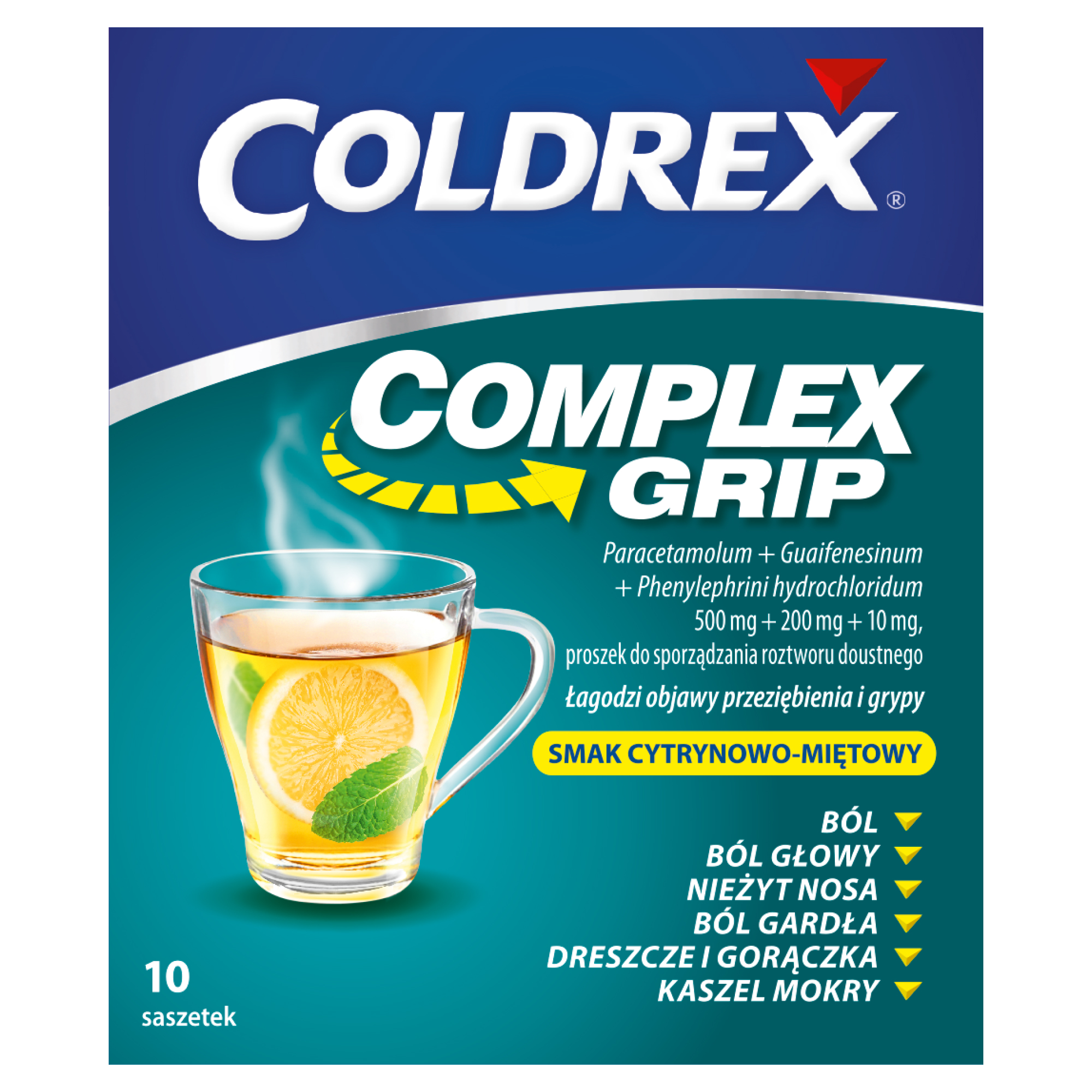 Coldrex Complex Grip 500 mg + 200 mg + 10 mg o smaku cytrynowo-miętowym, 10 saszetek zdjęcie