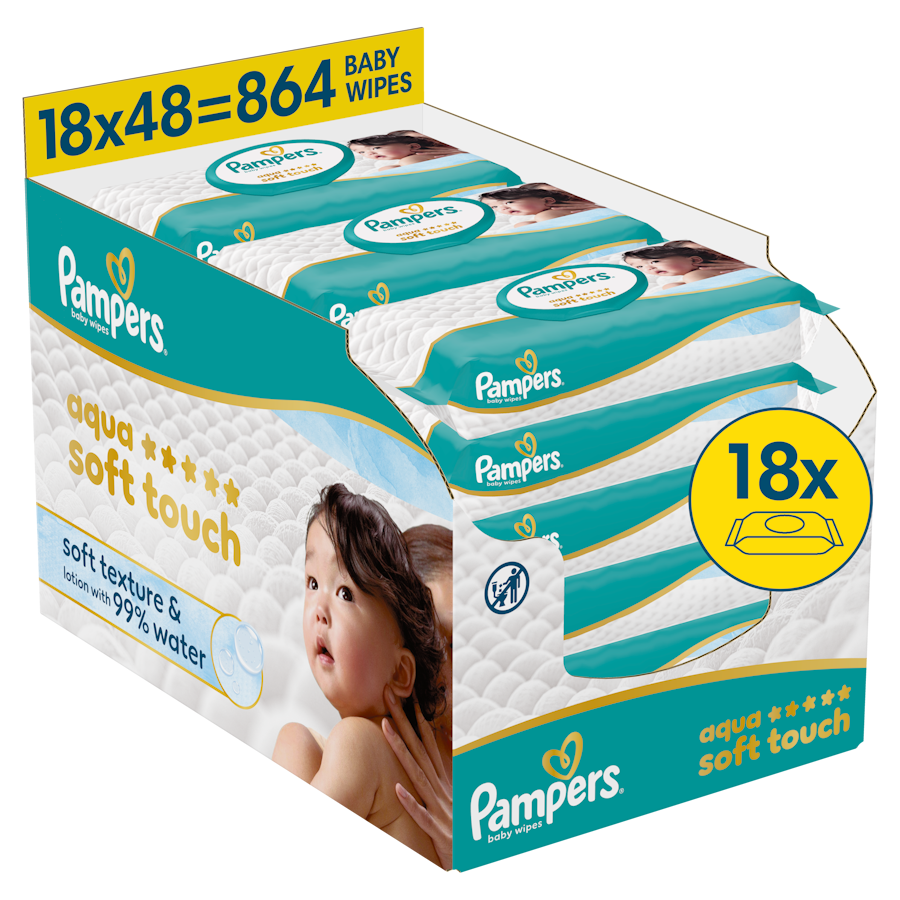 Pampers Aqua Soft Touch, chusteczki nawilżane dla dzieci, 18 x 48 sztuk