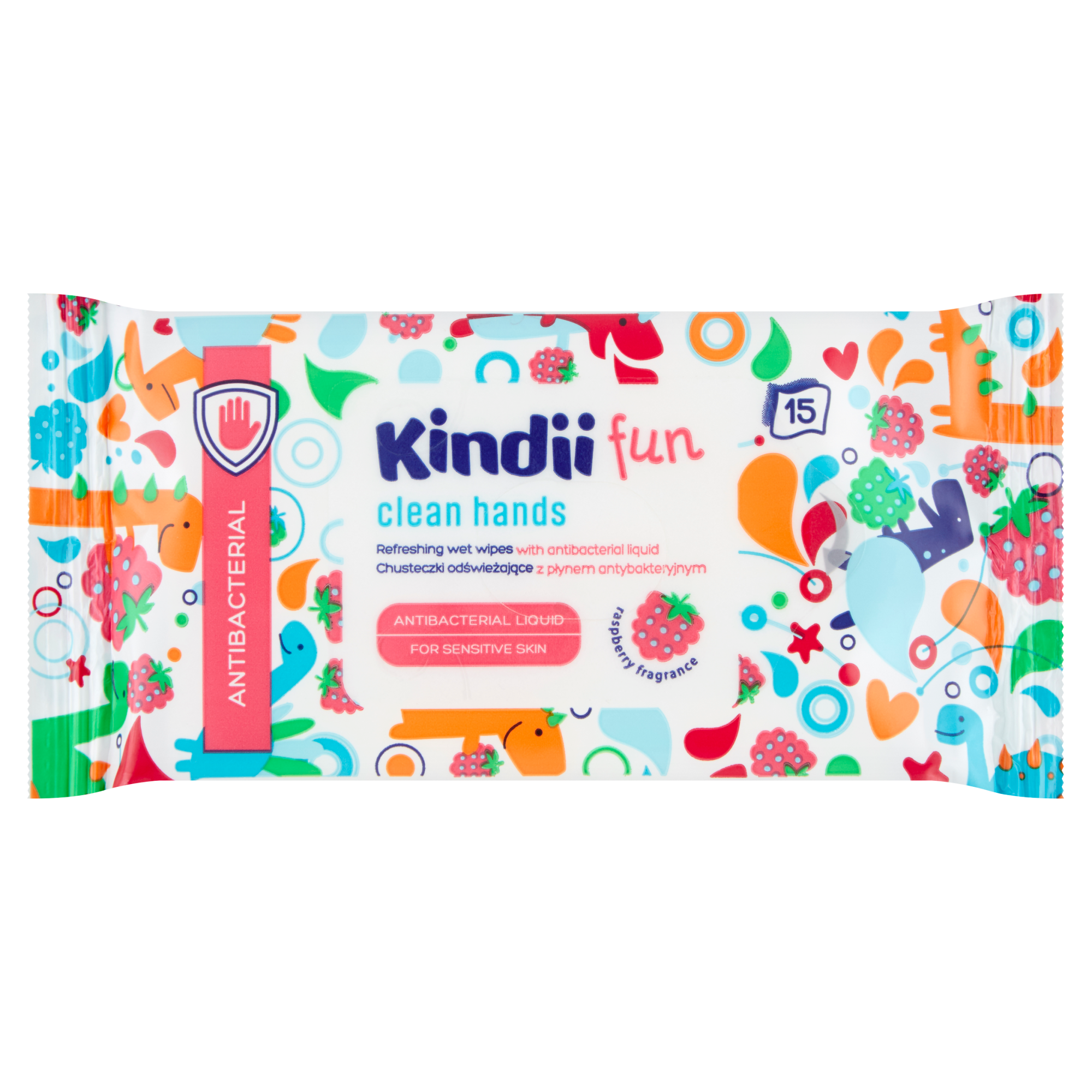 Kindii Fun, Clean hands, nawilżane chusteczki odświeżające dla dzieci z płynem antybakteryjnym, 15 sztuk zdjęcie