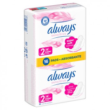 Always Sensitive Super Plus 2 Podpaski ze skrzydełkami, 16 sztuk