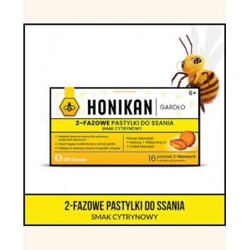 Honikan Gardło Pastylki do ssania smak cytrynowy dwufazowe, 16 sztuk