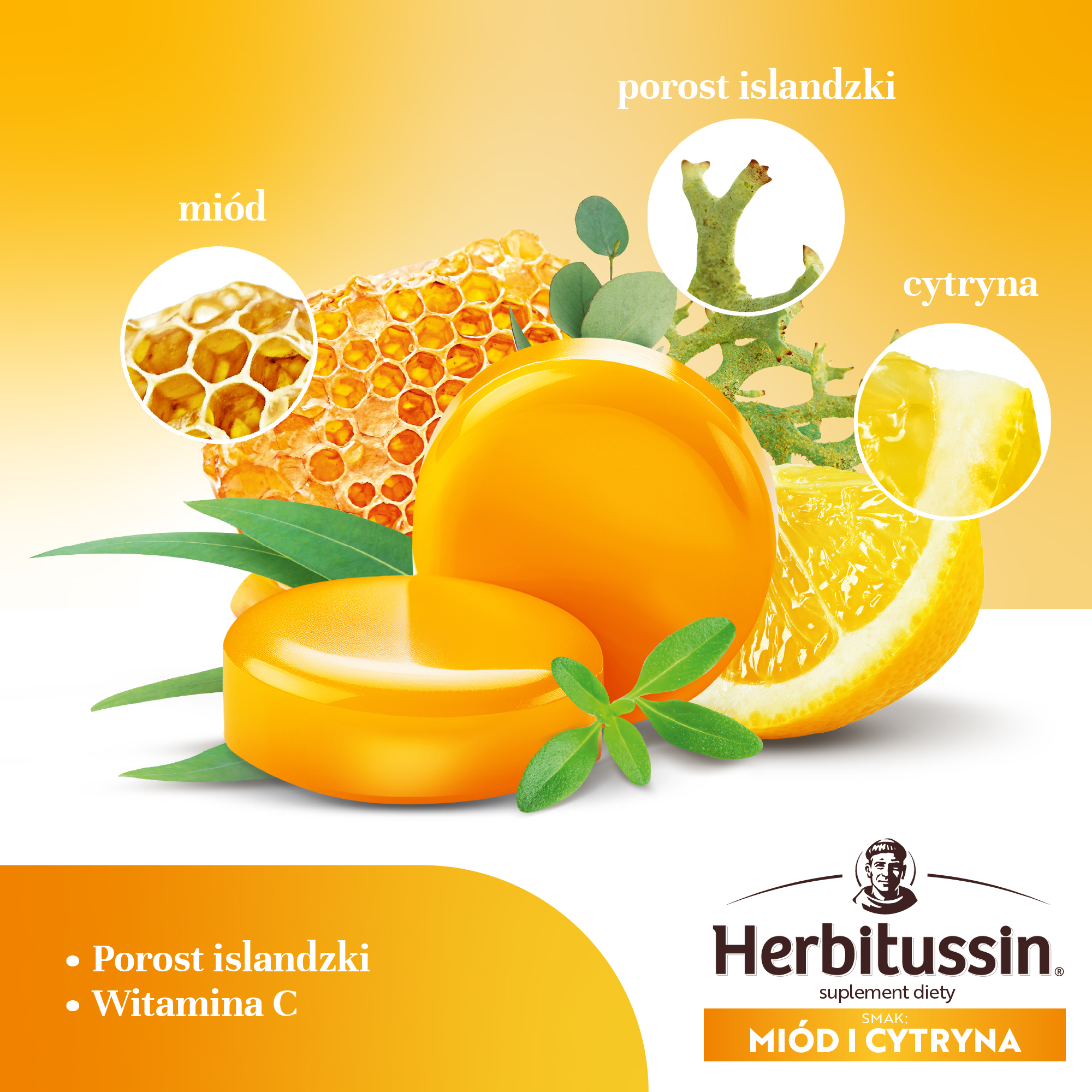 Herbitussin Miód i Cytryna porost islandzki + witamina C 12 pastylek do ssania