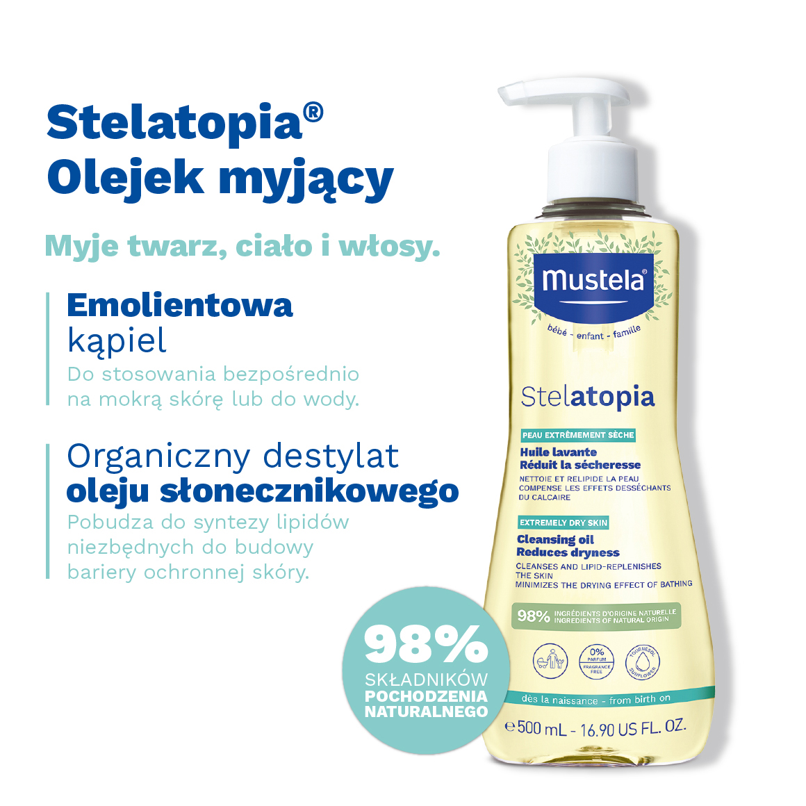 Mustela Stelatopia, olejek myjący skóra skłonna do atopii, 500 ml