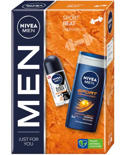 Nivea Sport Beat Nivea Men Sport Żel Pod Prysznic 3w1 Do Ciała, Twarzy I Włosów 250 ml + Nivea Men Black & White Invisible Ultimate Impact Antyperspirant Roll-On 50 ml [zestaw] 1 sztuka zdjęcie