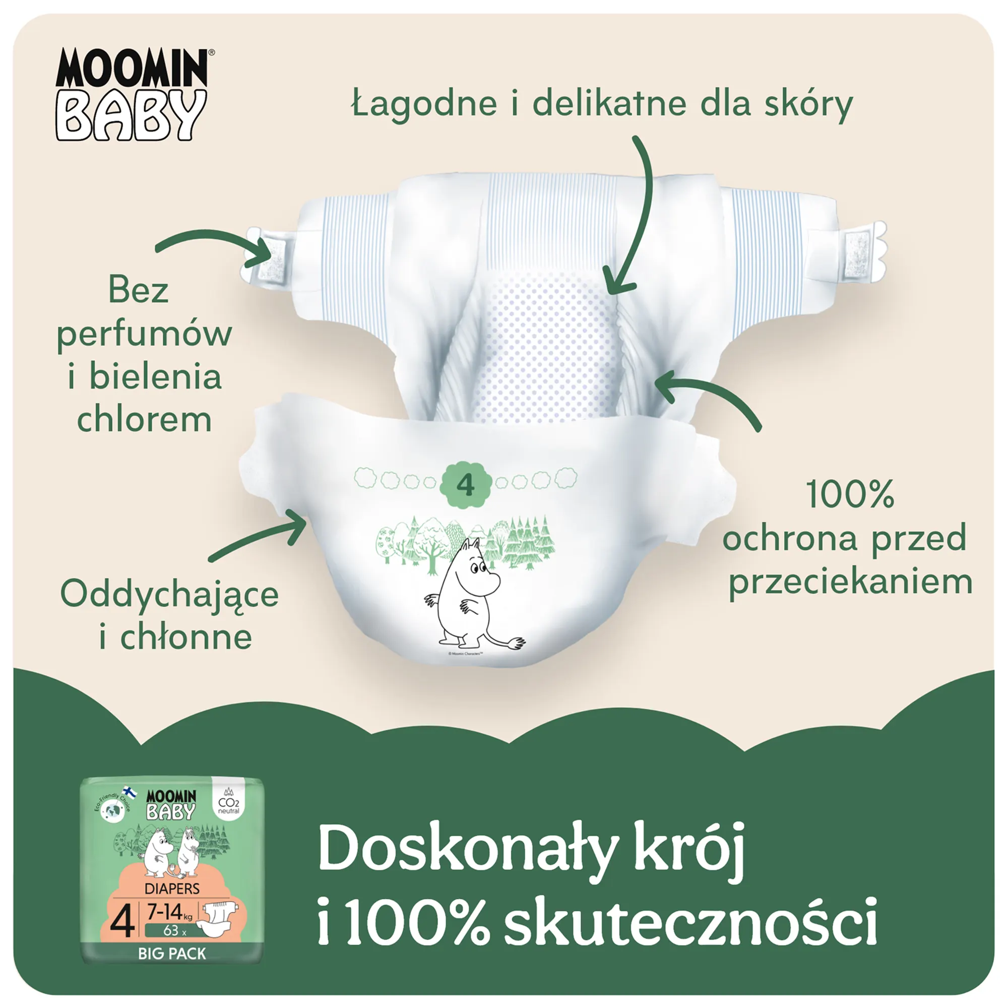 MOOMIN BABY Pieluszki ekologiczne 4 (7-14 kg) 63 sztuki