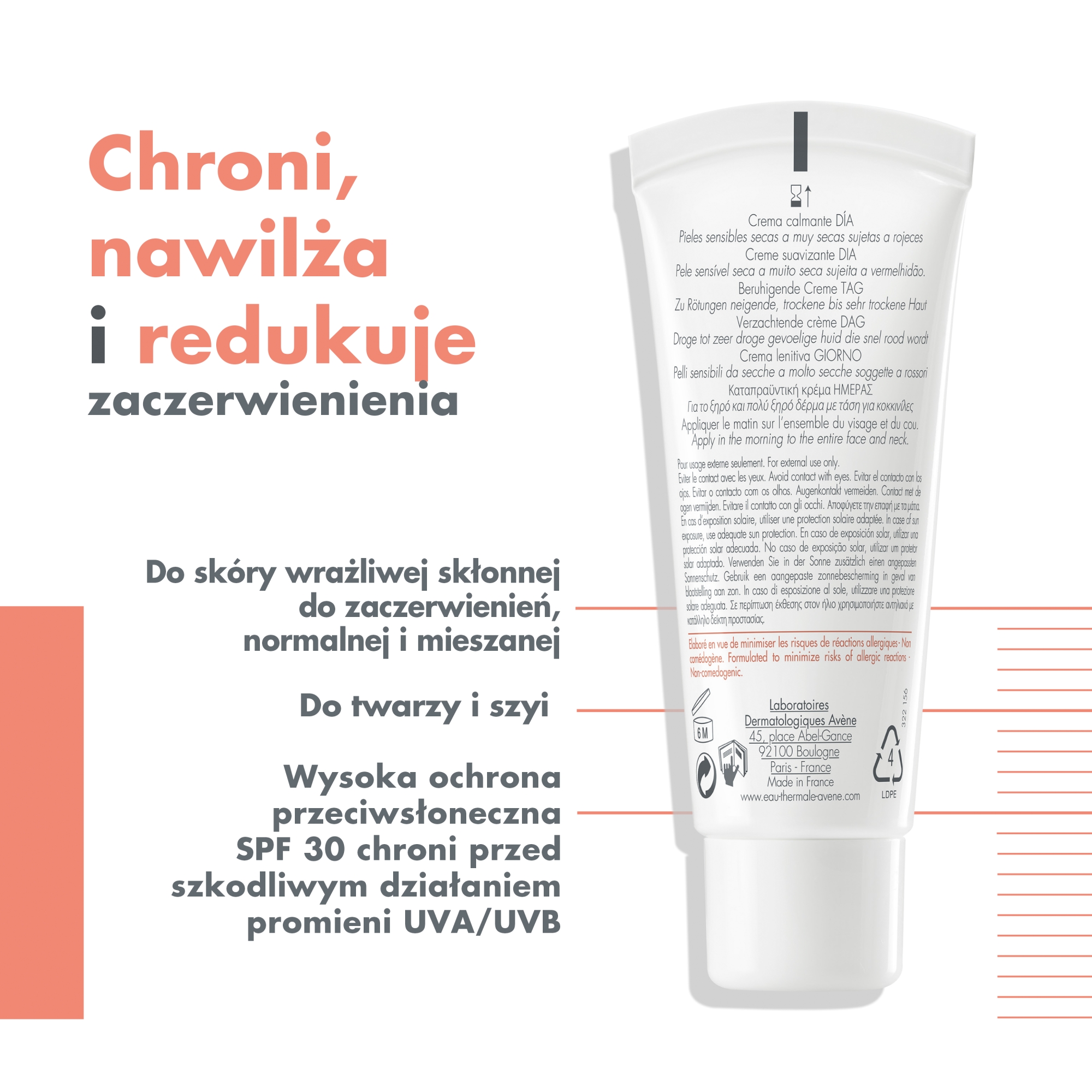 Avene Eau Thermale Antirougeurs Jour, kojący krem na dzień, SPF 30, 40 ml