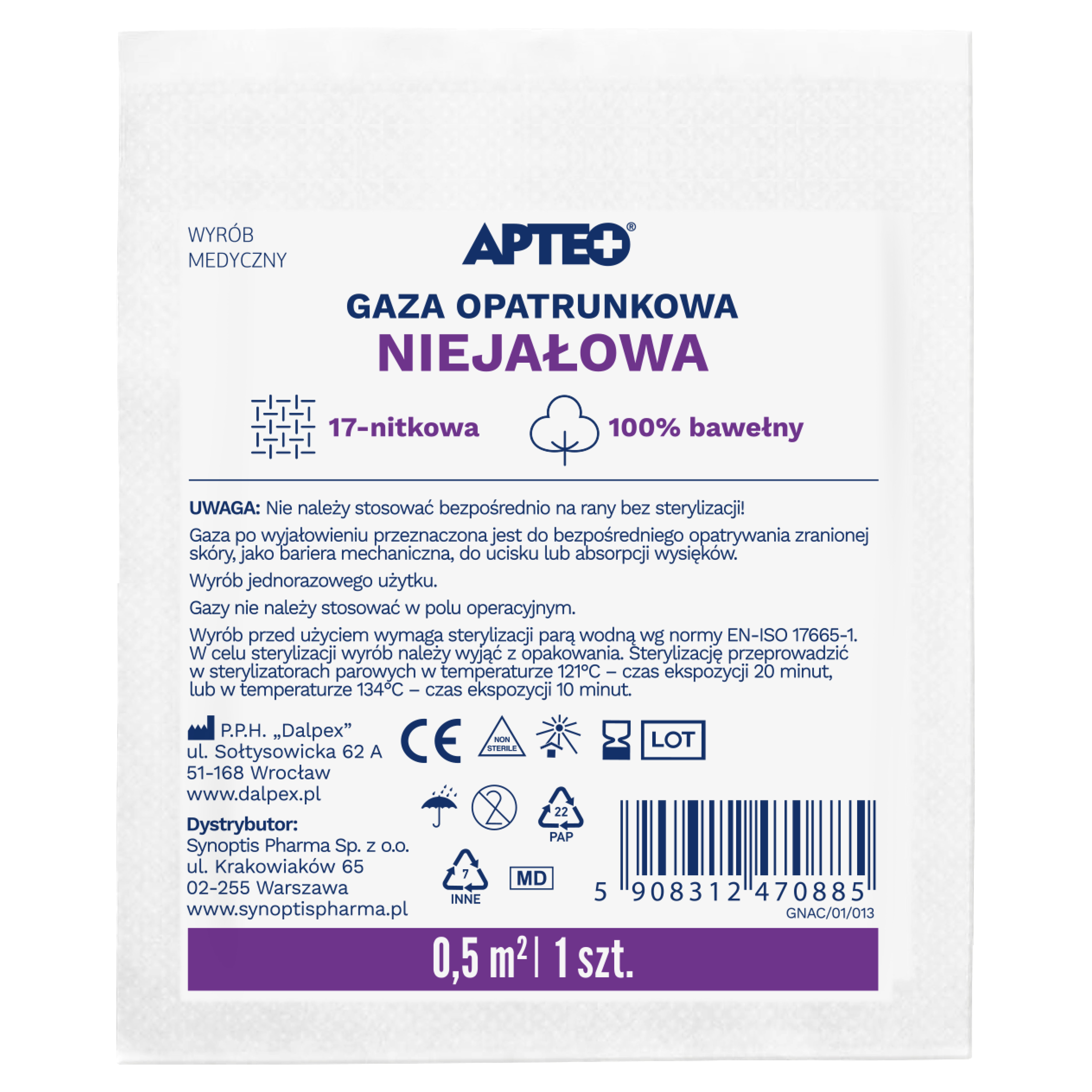 Apteo Care niejałowa gaza opatrunkowa 0,5m x 0.5m 1 sztuka zdjęcie