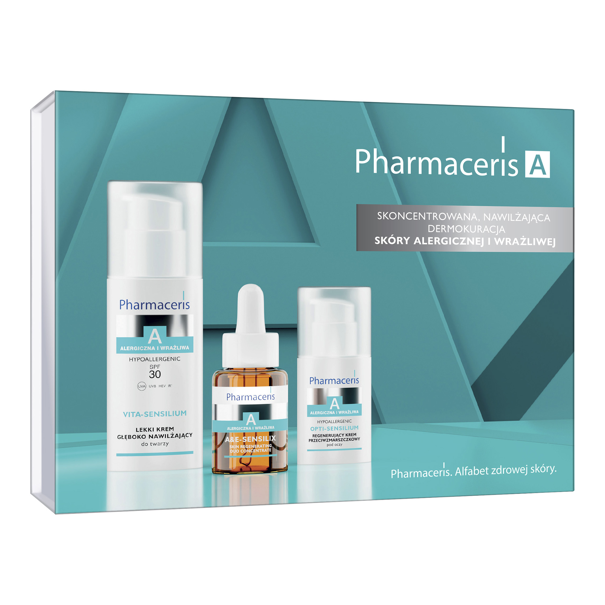 Pharmaceris A zestaw Intensywnie nawilżająca dermokuracja dla skóry alergicznej i wrażliwej, Lekki krem głęboko nawilżający 30 SPF, 50 ml, Regenerujący krem przeciwzmarszczkowy pod oczy, 15 ml, A&E-sensilix regenerujący duo koncentrat do twarzy, 30 ml zdjęcie