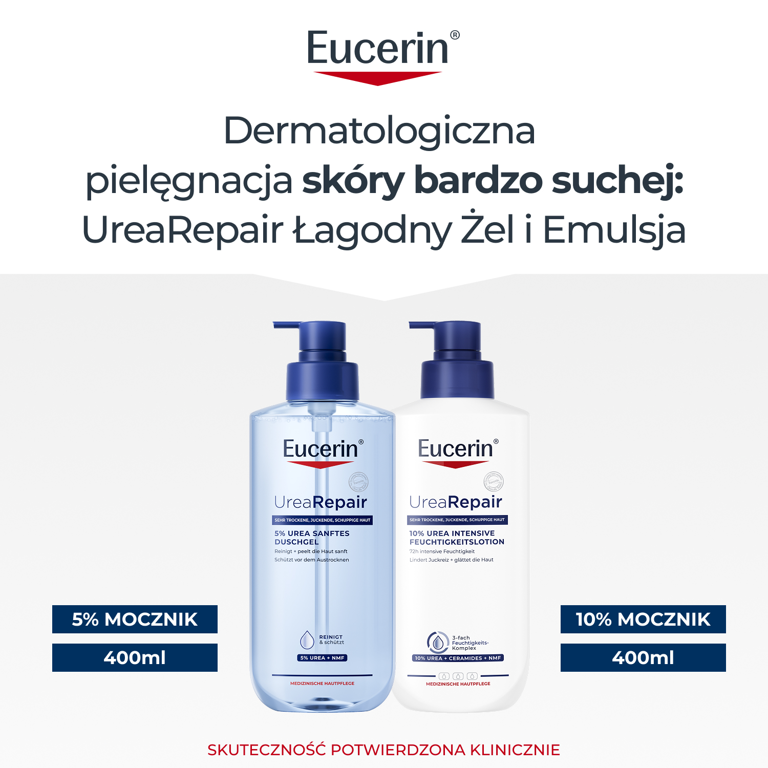 Eucerin UreaRepair Łagodny żel do mycia z 5% Mocznikiem + Emulsja z 10% Mocznikiem, 2 x 400 ml 