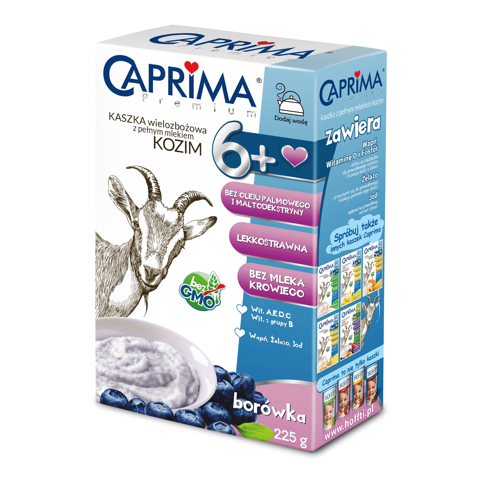 Caprima Premium, Kaszka wielozbożowa z pełnym mlekiem kozim, borówka, od 6. miesiąca życia, 225 g  zdjęcie