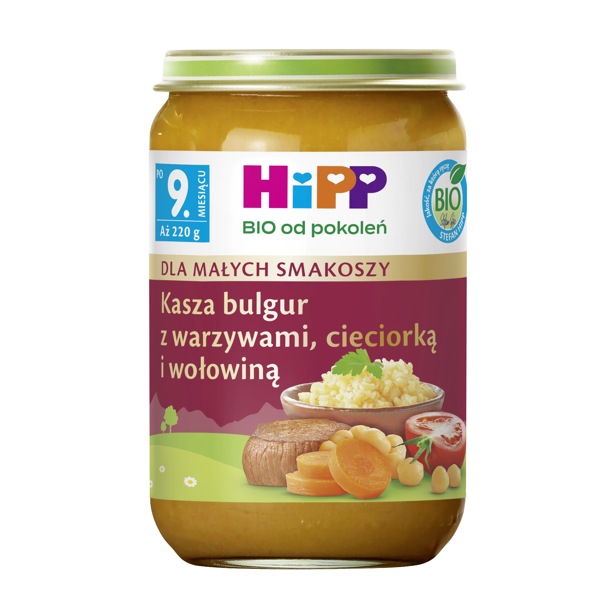 HiPP BIO od pokoleń
Kasza bulgur z warzywami, cieciorką i wołowiną, po 11. m-cu, 220 g