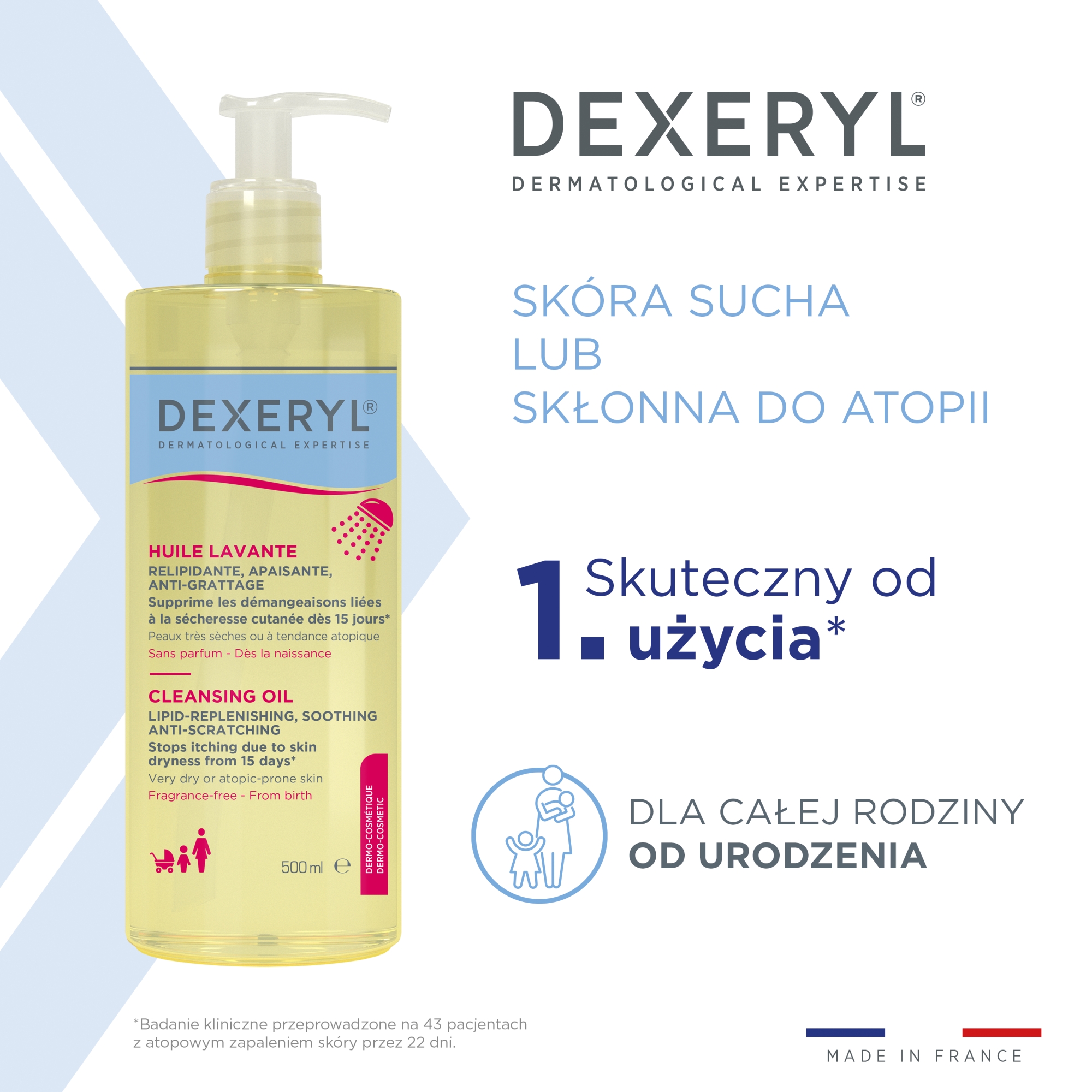 Dexeryl Dermokosmetyczny olejek do mycia, uzupełniający lipidy, łagodzący, przeciw drapaniu, 500 ml