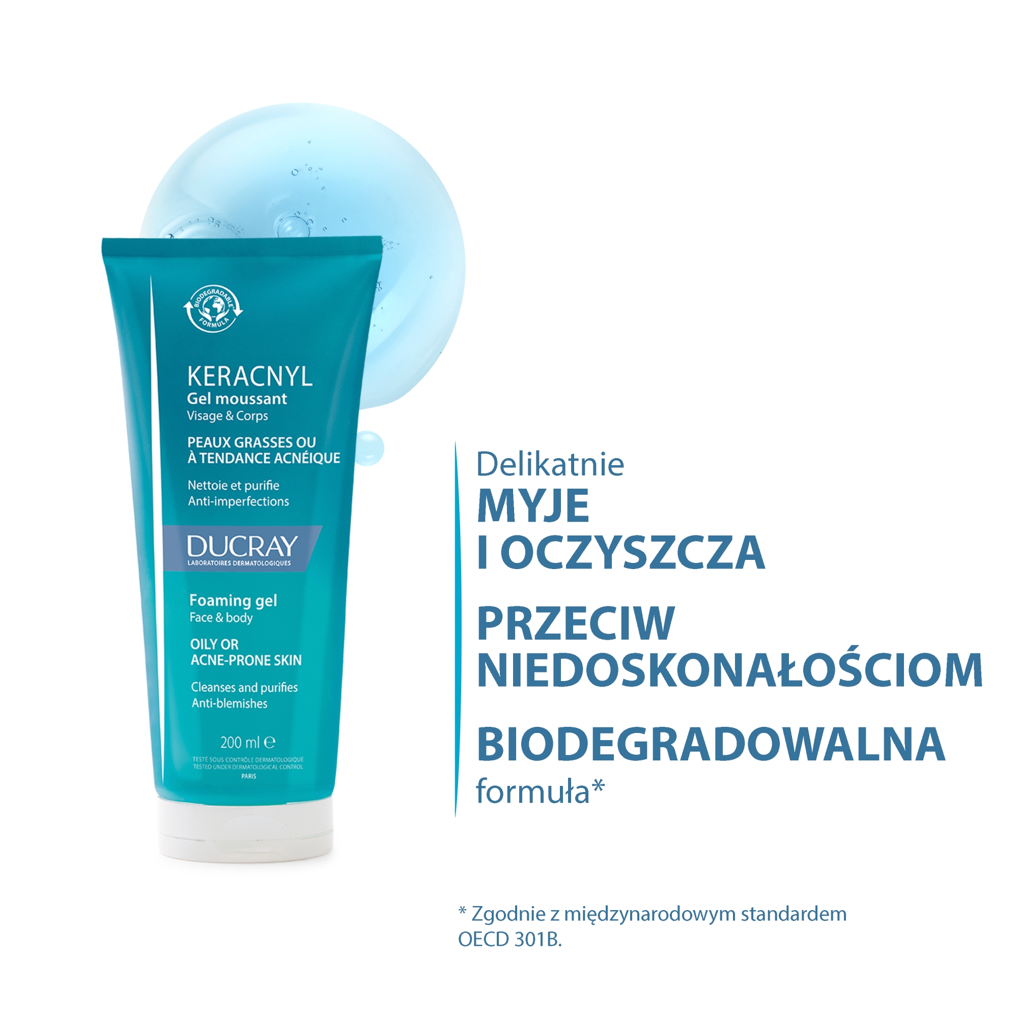 Ducray Keracnyl Żel pieniący twarz i ciało, skóra przetłuszczająca się lub skłonna do trądziku, 200 ml