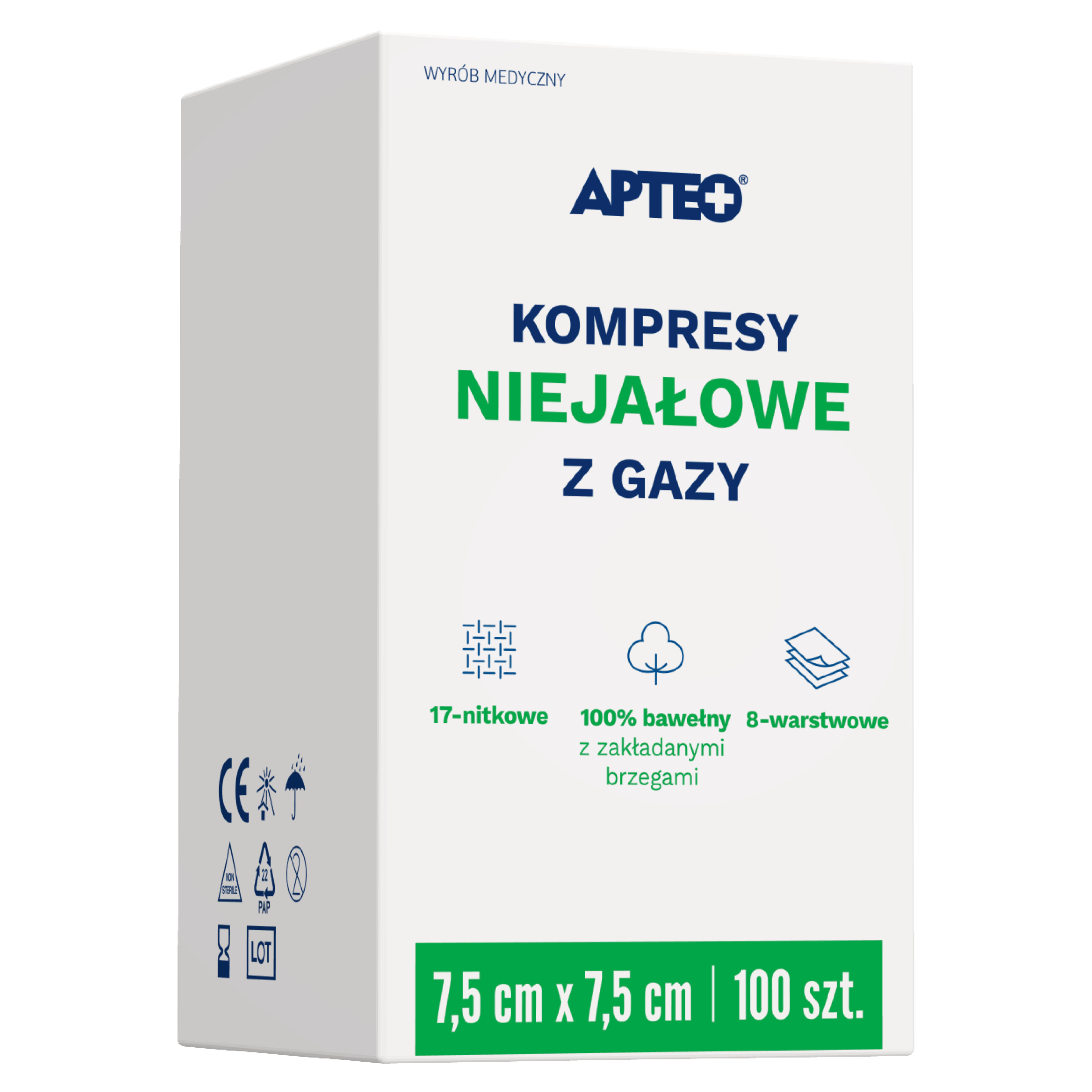 Apteo kompresy niejałowe z gazy 7,5 cm x 7,5 cm 100 sztuk zdjęcie