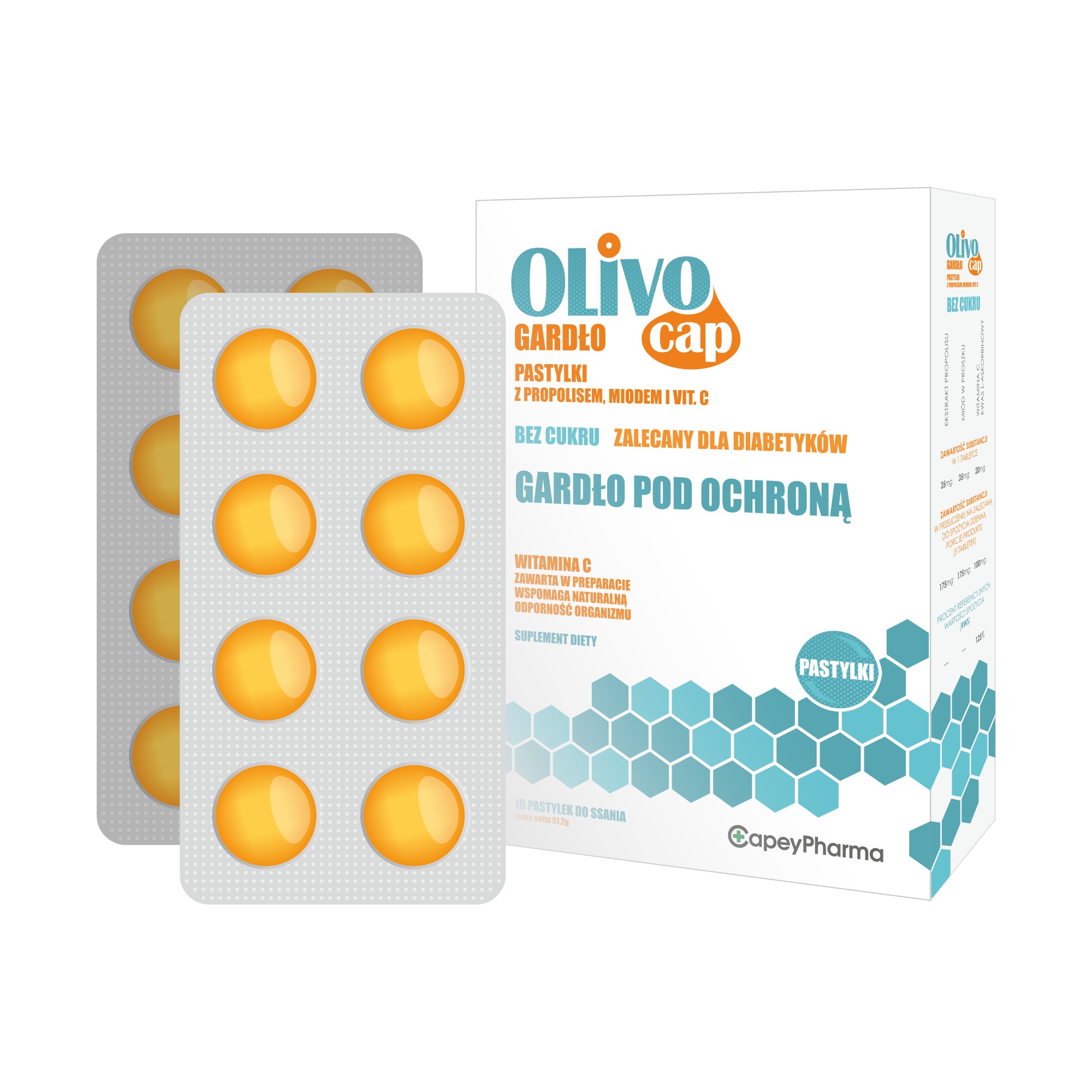 Olivocap Gardło Pastylki z propolisem, miodem i vit. C bez cukru, 16 sztuk zdjęcie