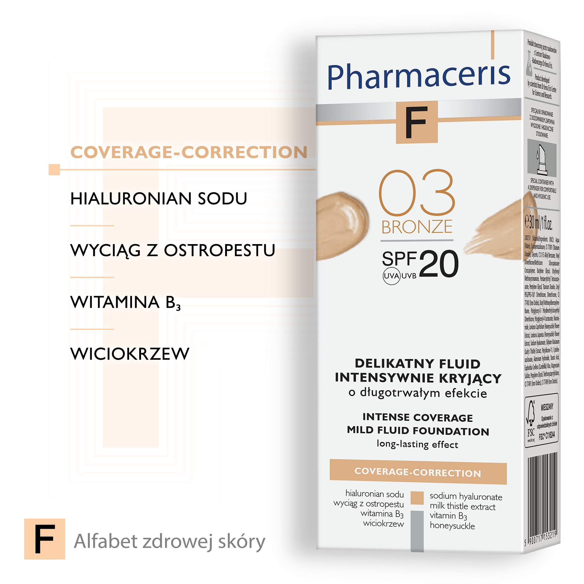 Pharmaceris F delikatny fluid intensywnie kryjący SPF20 03 BRONZE 30 ml