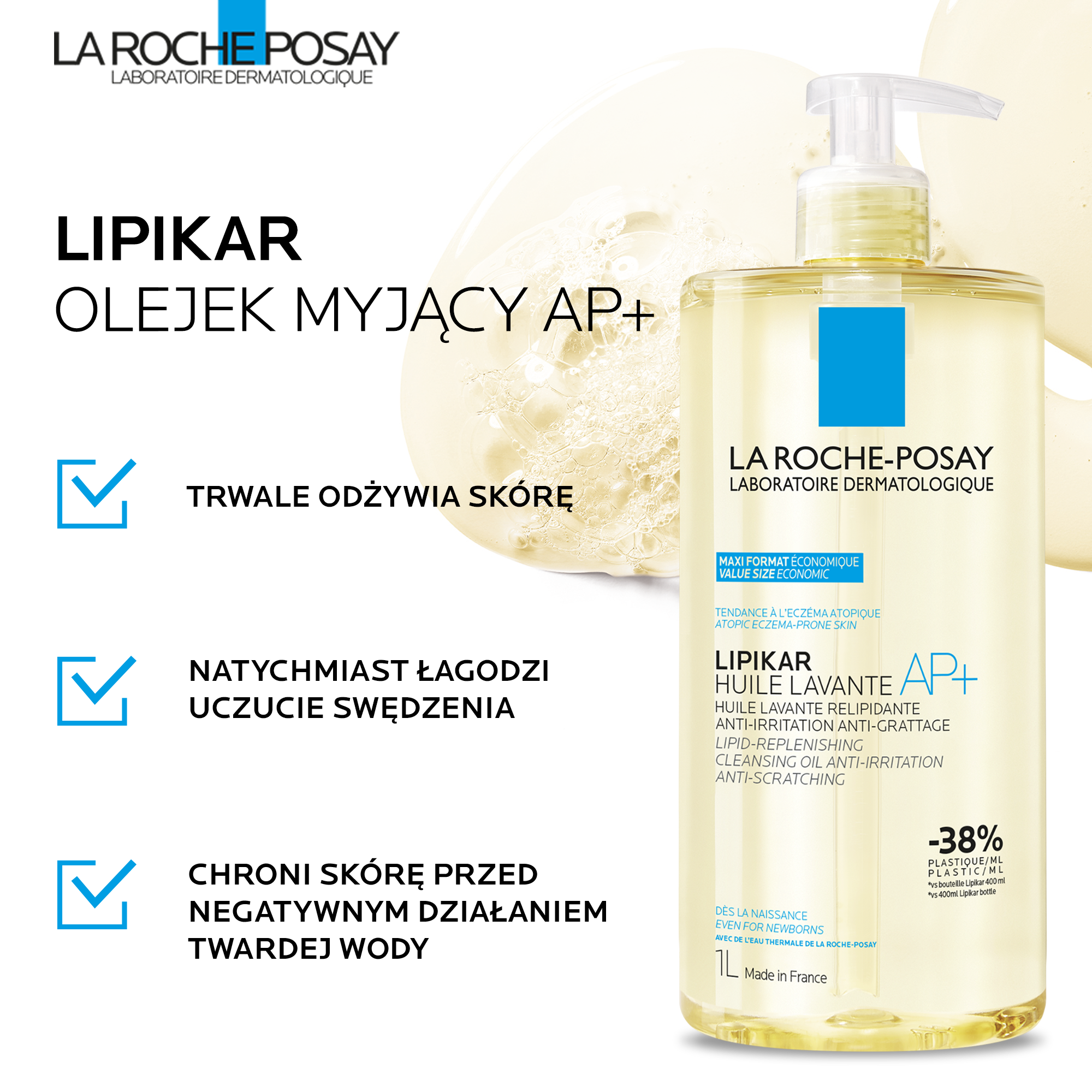 La Roche-Posay, Lipikar Oil AP+ Olejek Myjący Uzupełniający Poziom Lipidów, 1000 ml