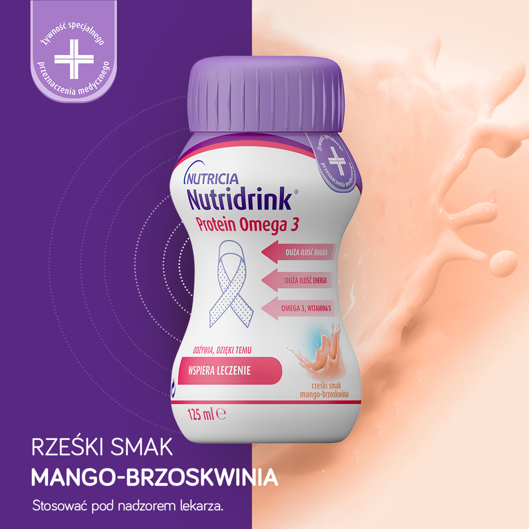 Nutridrink Protein Omega-3, rześki smak mango-brzoskwinia, 24 x 125 ml