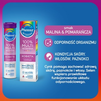 Plusssz 100% Multiwitamina Kobieta Complex smak malina-pomarańcza 20 tabletek musujących