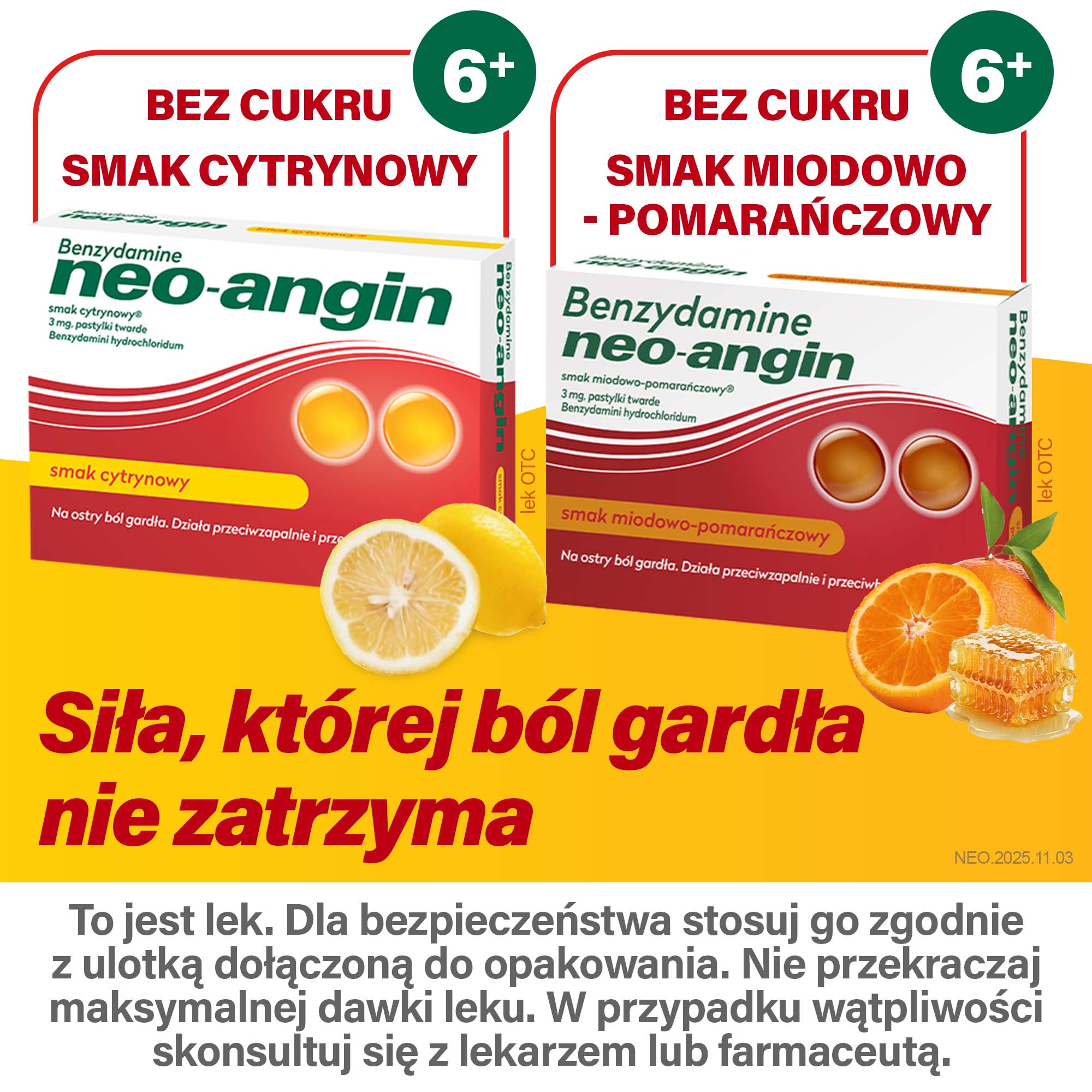 Benzydamine Neo-Angin 3 mg, smak cytrynowy, pastylki twarde, 20 sztuk