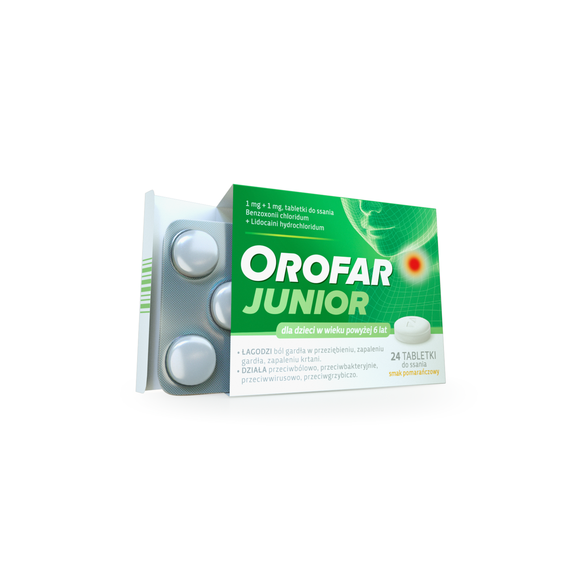 Orofar Junior tabletki do ssania na ból gardła smak pomarańczowy 24 sztuki