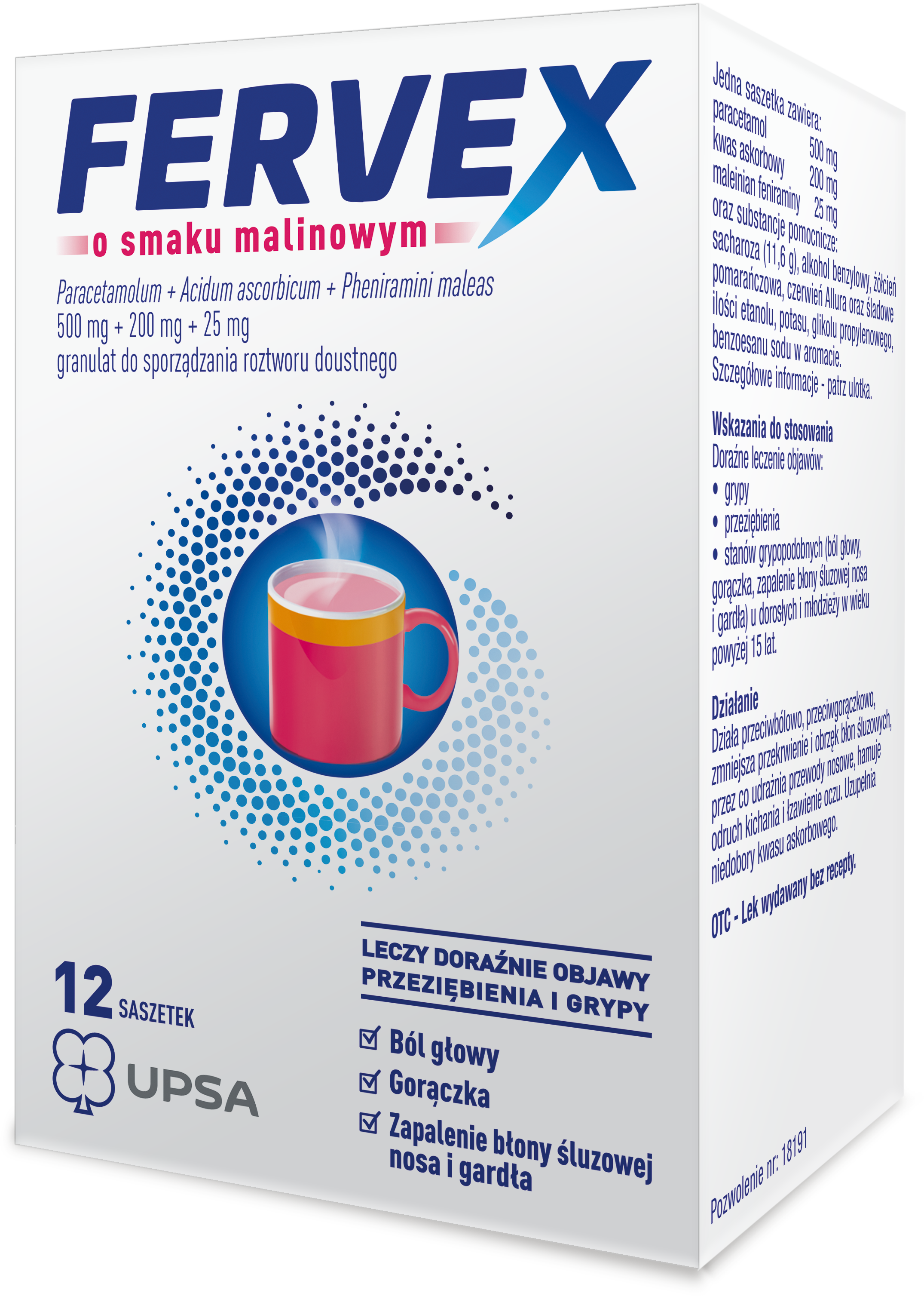 Fervex 500 mg + 25 mg + 200 mg, granulat do sporządzania roztworu doustnego, smak malinowy, 12 saszetek zdjęcie