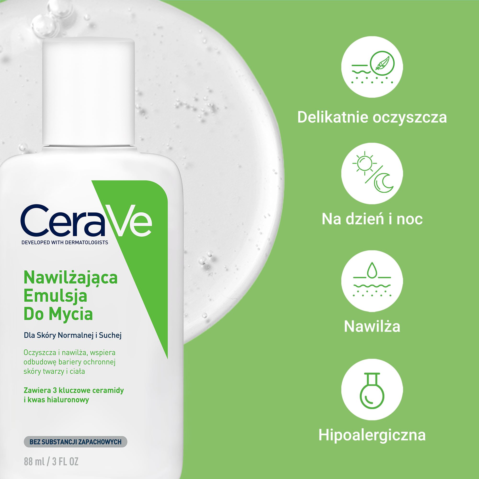 Cerave, Nawilżająca, emulsja do mycia z ceramidami dla skóry suchej i bardzo suchej, 88 ml