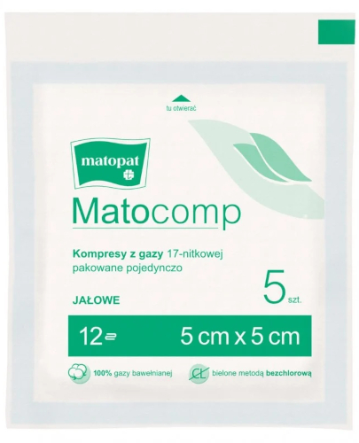 Matocomp, kompresy jałowe 5x5cm, 17 nitkowe, 12 warstwowe, 5 sztuk zdjęcie