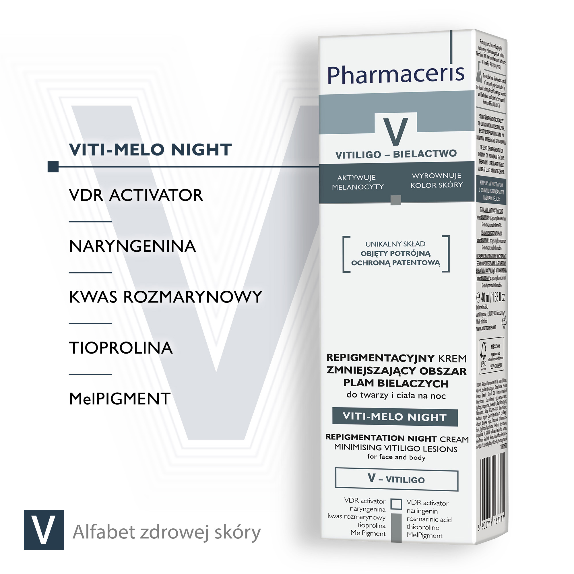 PHARMACERIS V VITI-MELO NIGHT Krem repigmentacyjny zmniejszający obszar plam bielaczych - 40 ml 
