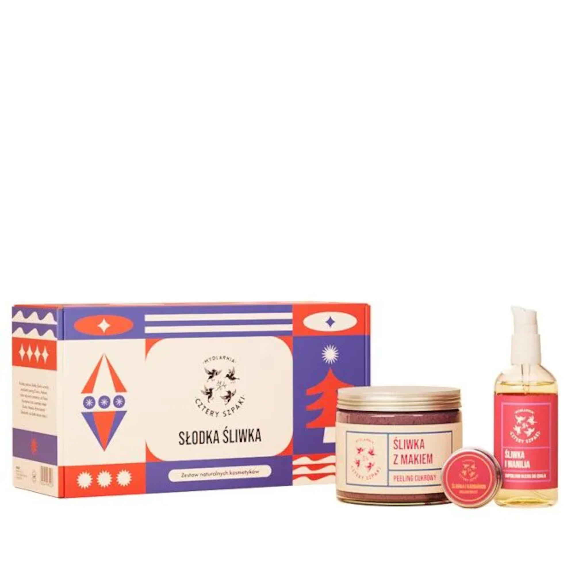 Mydlarnia Cztery Szpaki Zestaw Słodka Śliwka: Peeling cukrowy Śliwka z makiem, 250 ml + Balsam do ust Śliwka i kardamon, 15 ml + Superlekki olejek do ciała Śliwka i wanilia, 100 ml zdjęcie
