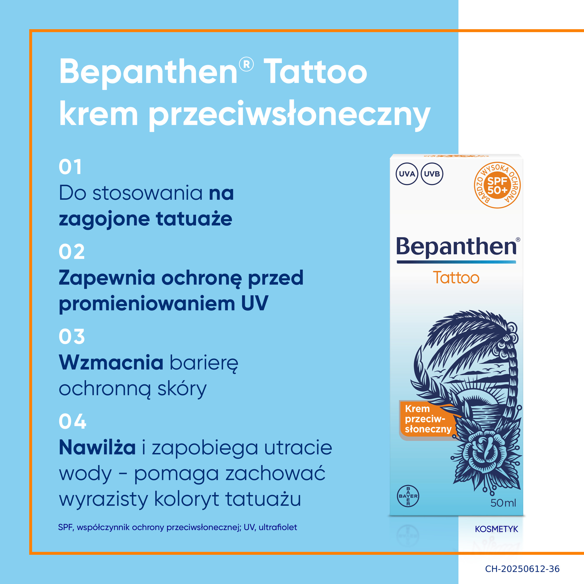 Bepanthen Tattoo Delikatny żel do mycia, 200 ml + Maść do intensywnej pielęgnacji, 50 g+ Krem przeciwsłoneczny SPF50+, 50 g