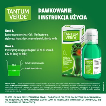 Tantum Verde płyn 1,5 mg/ml, na stany zapalne jamy ustnej i ból gardła, roztwór do płukania jamy ustnej i gardła, 240 ml