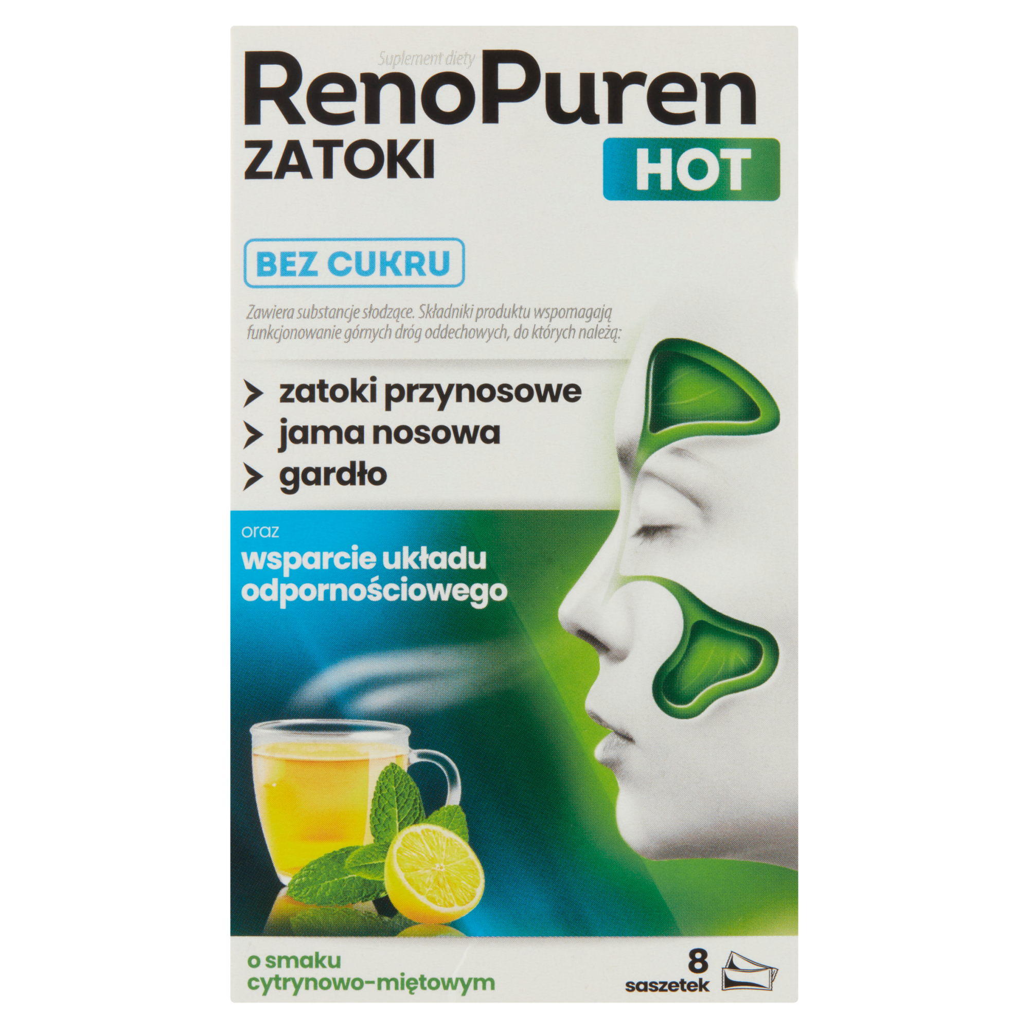 RenoPuren Zatoki Hot bez cukru, proszek, smak cytrynowo - miętowy, 8 saszetek zdjęcie