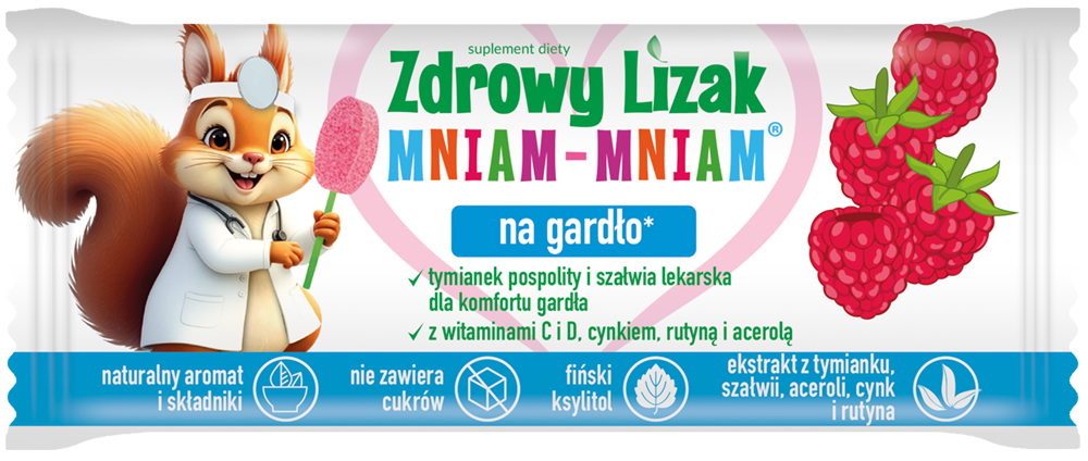 Zdrowy lizak Mniam-Mniam na gardło o smaku malinowym (łezka) 1 sztuka zdjęcie
