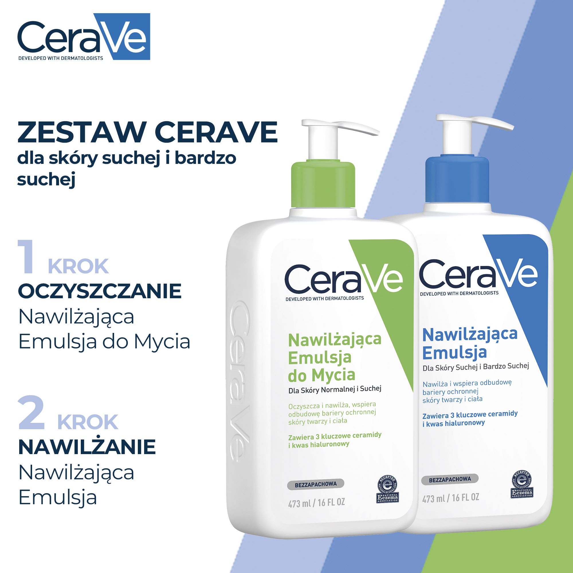 CERAVE Nawilżająca Emulsja do Mycia z ceramidami dla skóry normalnej i suchej, 473 ml + CERAVE Nawilżająca emulsja do twarzy i ciała do skóry suchej i bardzo suchej, 473 ml